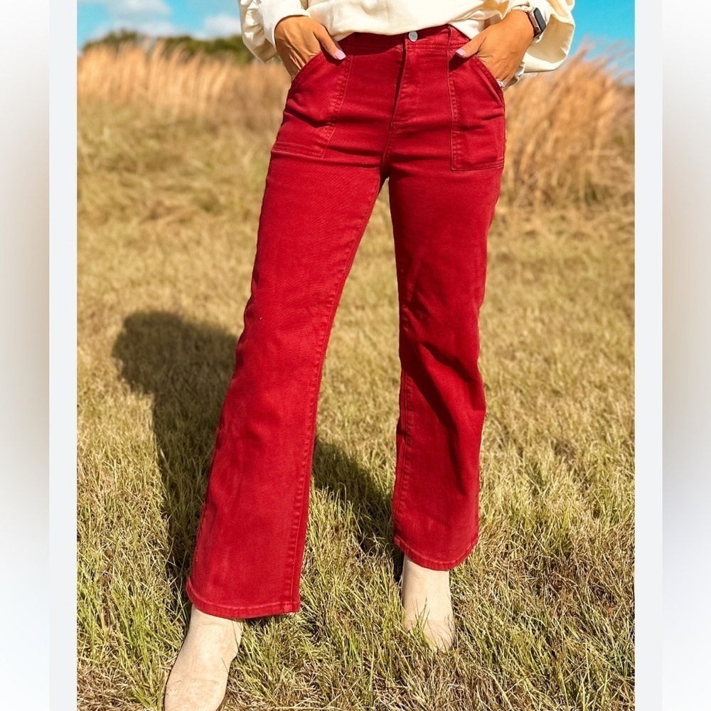 Brand New Risen High Rise Ankle Length Jeans Wine Red Fall Denim Cotton Stretch